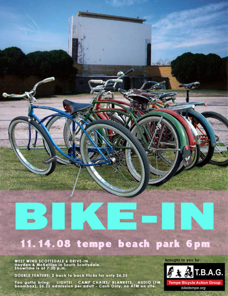 It’s another Bike-In! Join TBAG and riders of all types on Friday, November 14th on a Ride to the Scottsdale 6 Drive-In.