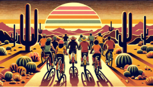 Cyclists riding into the sunset.